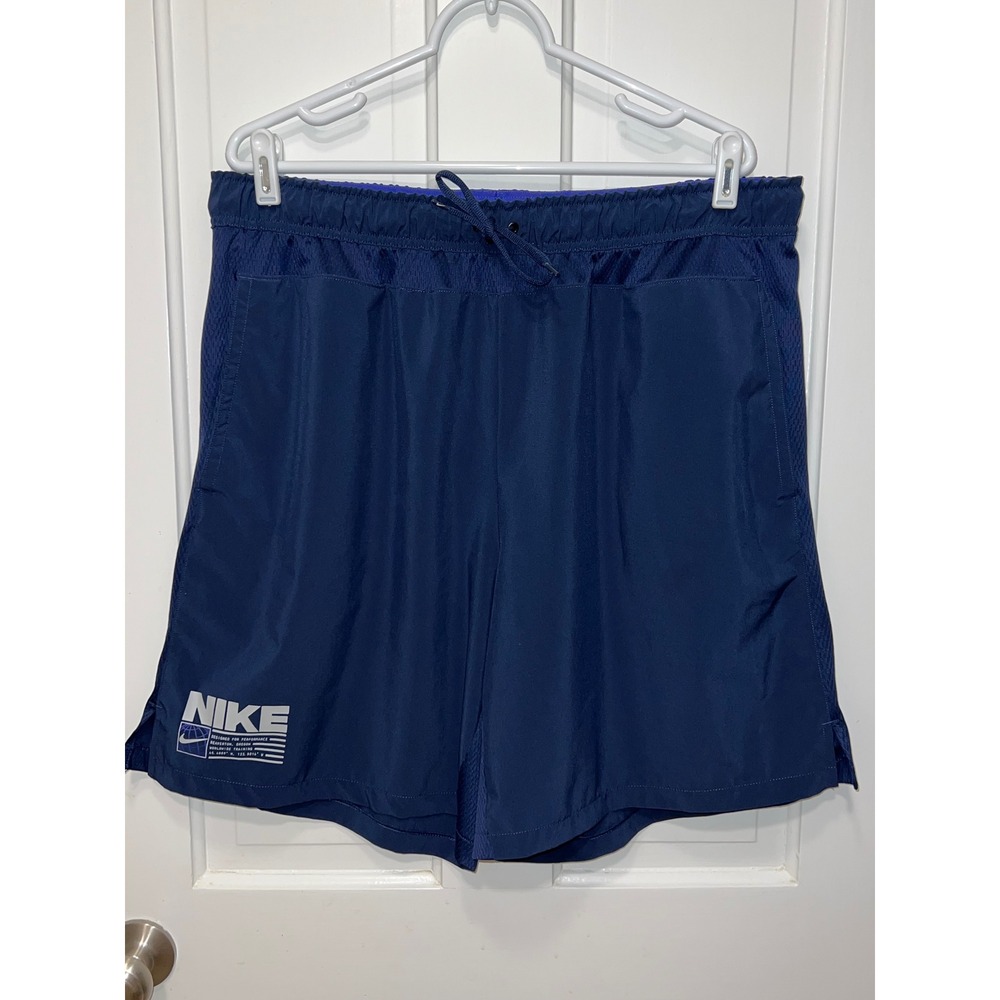 Nike Dri-FIT Training Shorts Mens XXL Navy Blue Mesh Panels Standard Fit Graphic